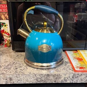 Blue and Gold Whistling Tea Kettle
